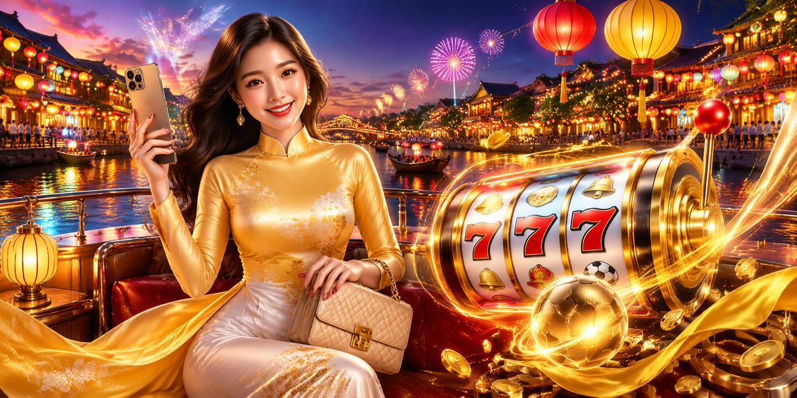 Người chơi tại Hội An mặc áo dài xem điều kiện khuyến mãi slots trên điện thoại